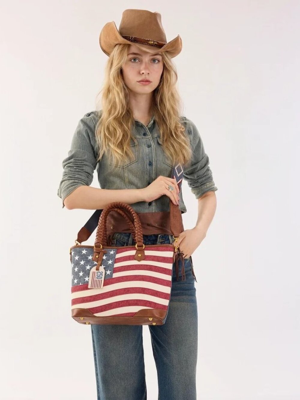 Montana West American Flag Braided Concealed Carry Tote Bag Jean